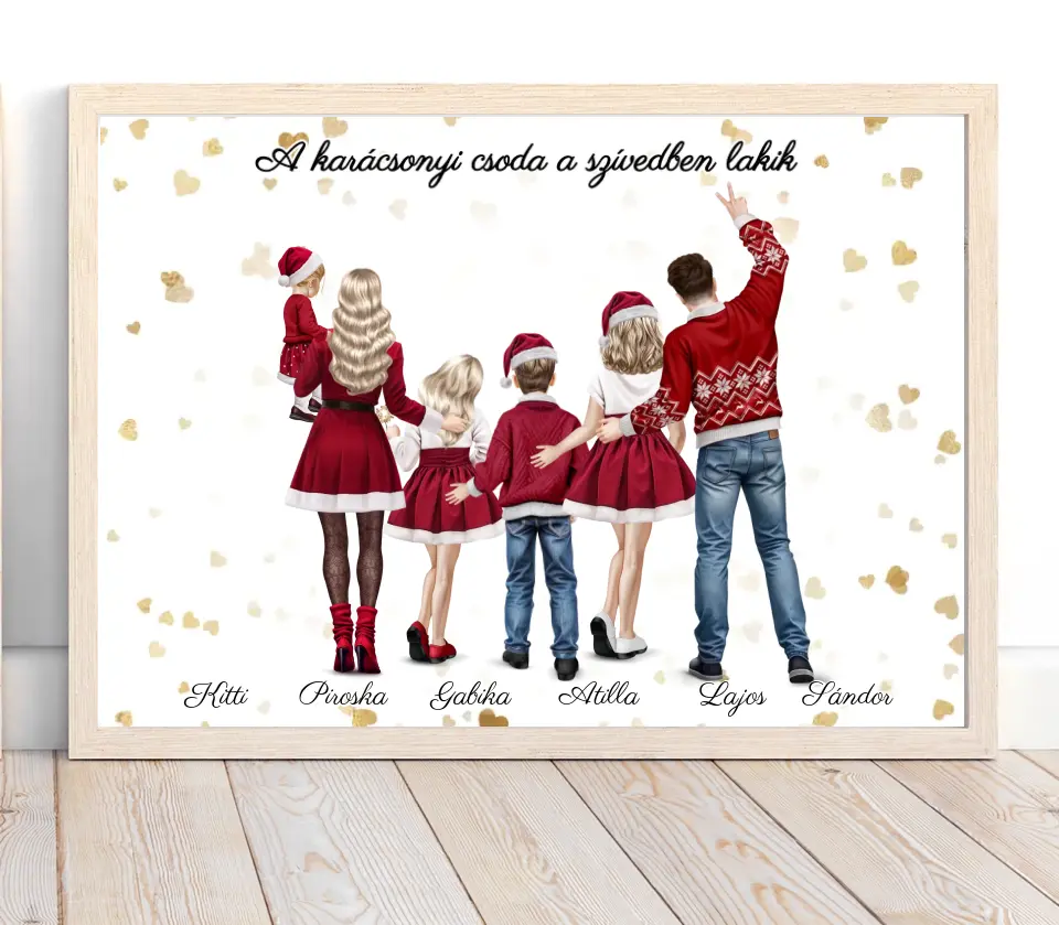 Karácsonyi család - személyre szabható falikép akár 4 gyerekkel fekvő változat
